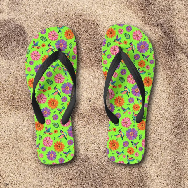 Fun Whimsical Hummingbirds Spring Flowers Pattern  Flip Flops (Creator Uploaded)
