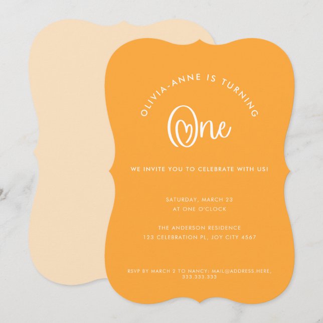 Fun Whimsical Orange Heart Script First Birthday Invitation (Front/Back)
