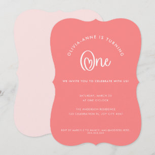 Fun Whimsical Pink Heart Script First Birthday Invitation