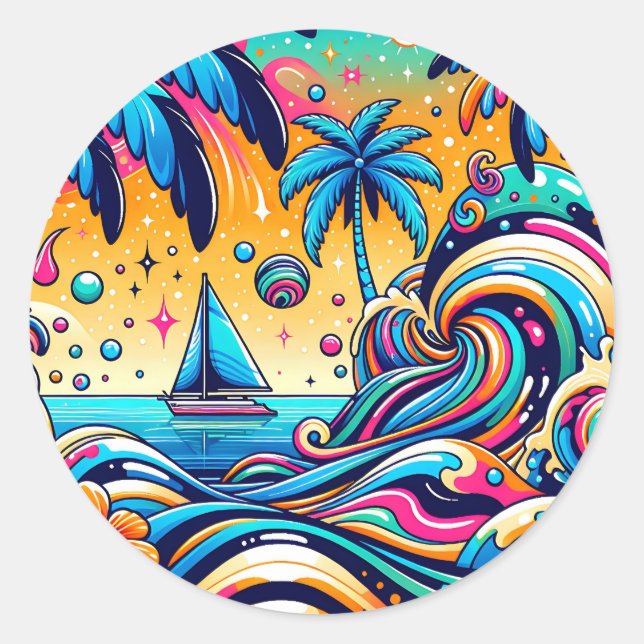 Fun Whimsical Psychedelic Sailboat  Classic Round Sticker (Front)
