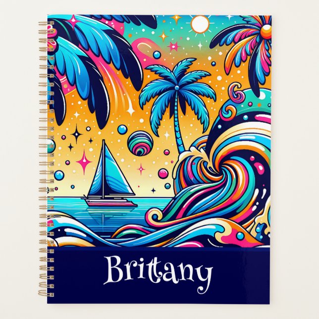 Fun Whimsical Psychedelic Sailboat Personalized Planner (Front)