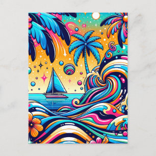 Fun Whimsical Psychedelic Sailboat Postcard