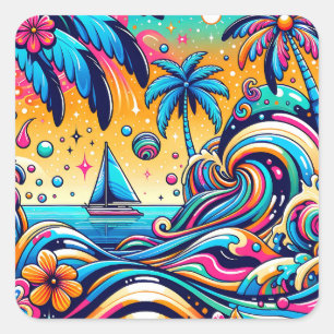 Fun Whimsical Psychedelic Sailboat  Square Sticker
