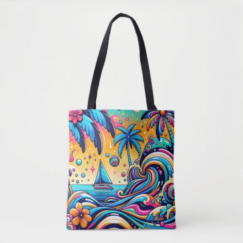 Fun Whimsical Psychedelic Sailboat  Tote Bag