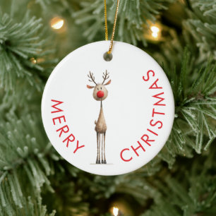 Fun Whimsical Reindeer Merry Christmas Ceramic Ornament