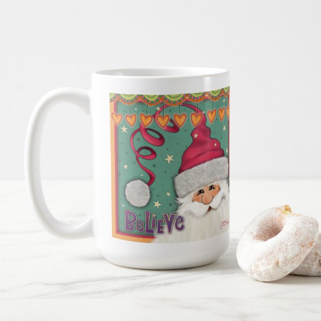 Fun Whimsical Santa Girly Pink Believe Coffee Mug (With Donut)