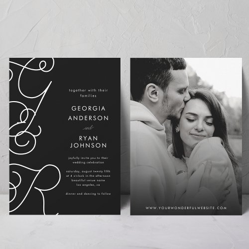 Fun Whimsical Script Monogram Black White Wedding Invitation