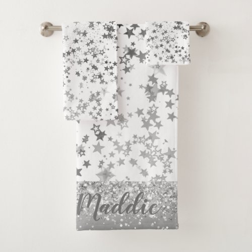Fun Whimsical Silver Stars on White Personalized Bath Towel Set
