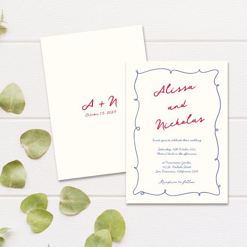 Fun Whimsical Wavy Border Monogram Wedding Invitation