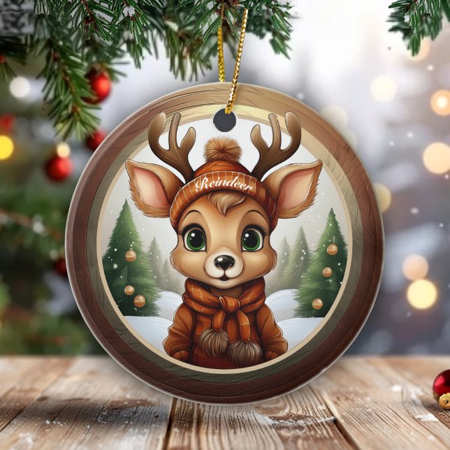 Fun Whimsical Winter Wildlife Christmas Deer 🎄🦌 Ceramic Ornament (Fun Whimsical Reindeer with Customizable Name, Winter Wildlife Christmas Deer Ceramic Ornament  🎄🦌)
