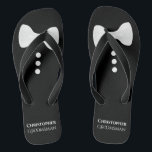 Fun White Bow Tie on Black Cute Groomsman Wedding Flip Flops<br><div class="desc">These flip flops are whimsical and fun,  and a great way to thank the groomsmen at your wedding. They feature a cute mock tuxedo design with a white bow tie and buttons at the top and his name and title below.</div>