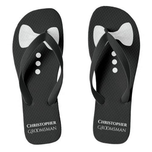 Fun White Bow Tie on Black Cute Groomsman Wedding Flip Flops