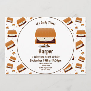 Fun White Brown S’more Pattern Kid’s Birthday Invitation