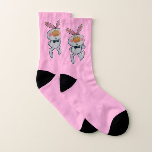 Fun White Bunny Black Bow Tie Hot Pink Socks