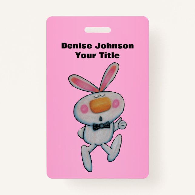Fun White Bunny Thumbs Up sign Bow Tie Pink Badge (Front)