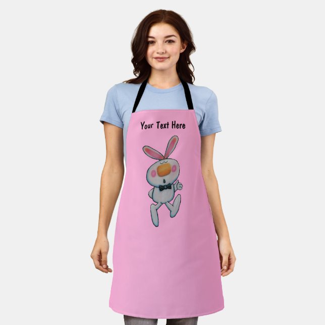 Fun White Bunny Thumbs Up Sign Bright Pink Apron (Worn)