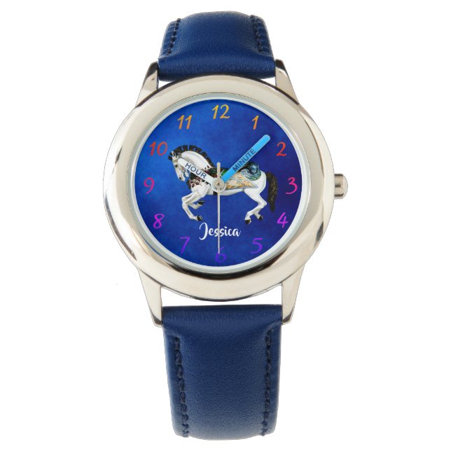 Fun White Carousel Horse On Blue Watch (Front)