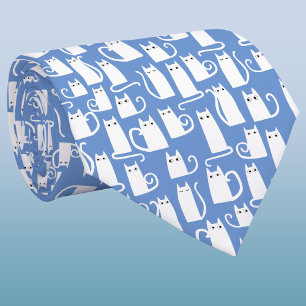 Fun White Cat Blue Neck Tie