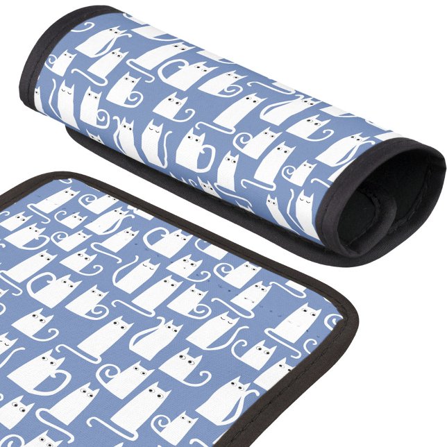 Fun White Cat on Blue Luggage Handle Wrap (Fun little white cat pattern blue luggage handle wrap for animal lovers)