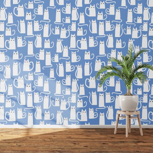 Fun White Cat Pattern on Blue Wallpaper