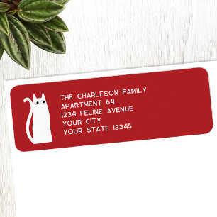 Fun White Cat Red Return Address Label