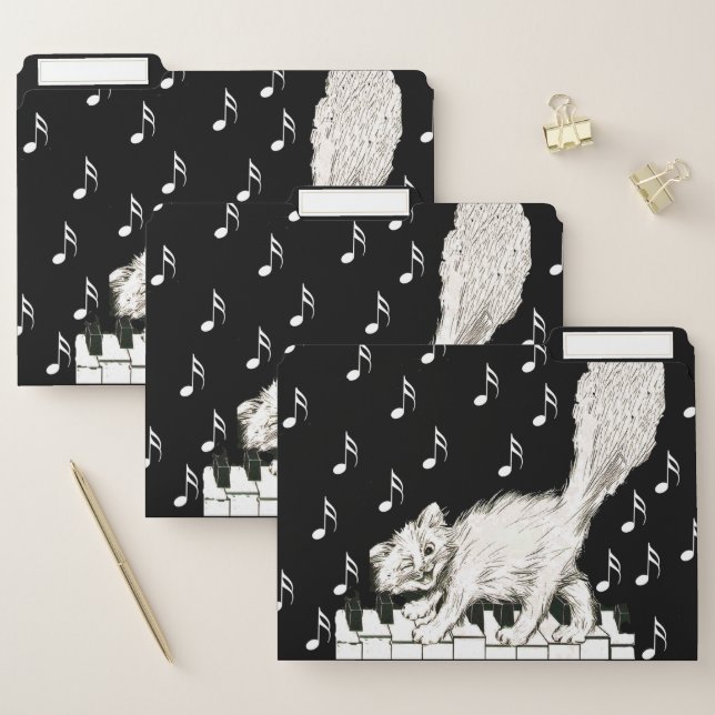 Fun White Cat Winking While Walking on Piano File Folder (Set)