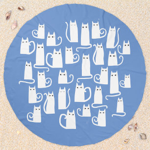 Fun White Cats Blue Beach Towel