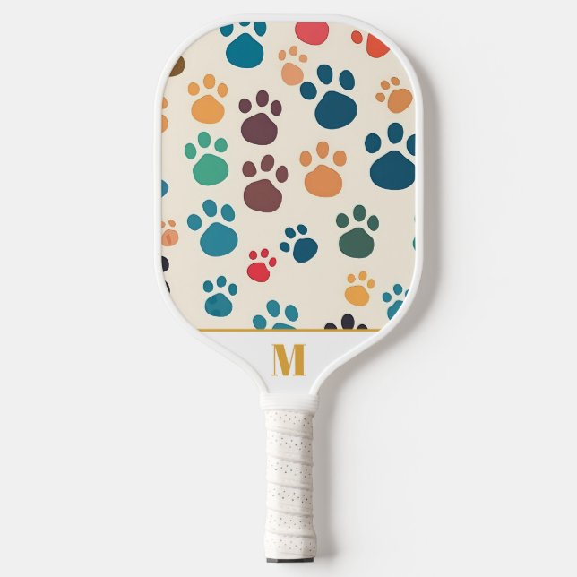 Fun White Colorful Monogram Dog Paw Pattern Pickleball Paddle (Front)
