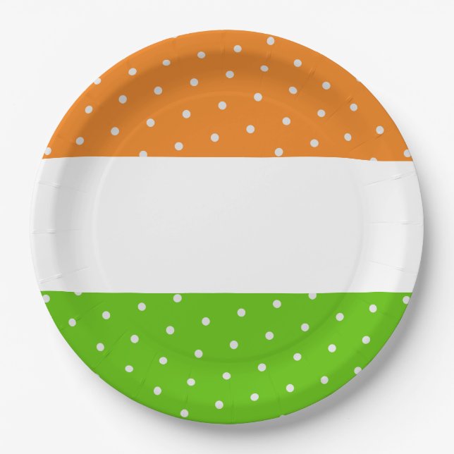 Fun White Dots Bright Tropical Lime Orange Stripes Paper Plates (Front)