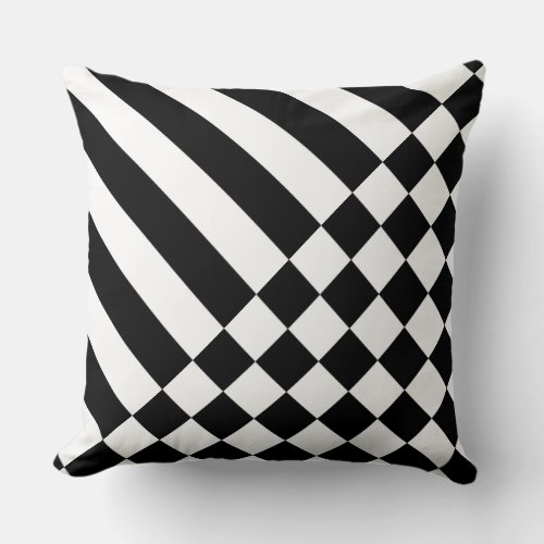  Fun White Geometric Stripes  Checker Black Throw Pillow
