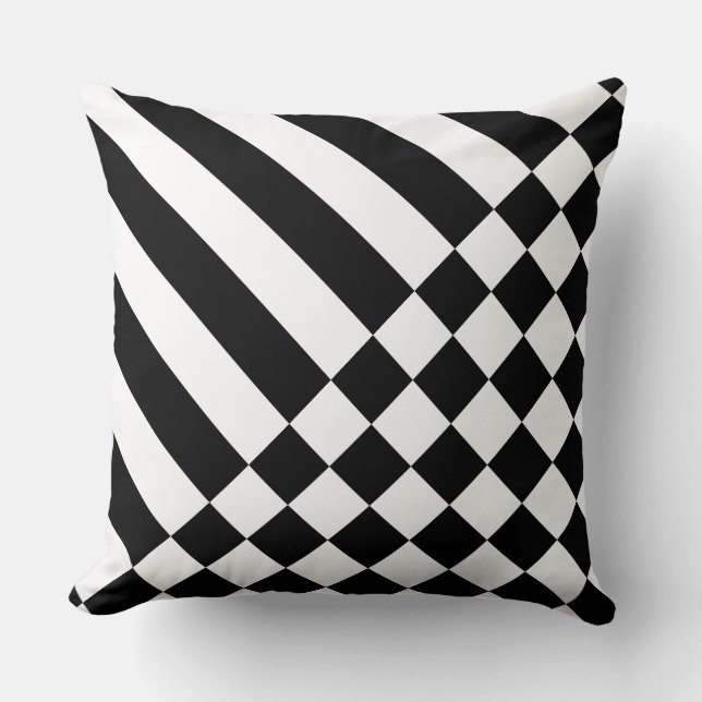  Fun White Geometric Stripes & Checker Black Throw Pillow (Front)