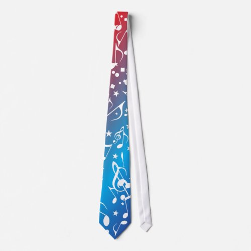 Fun White Music Notes on Red and Blue Gradient Neck Tie