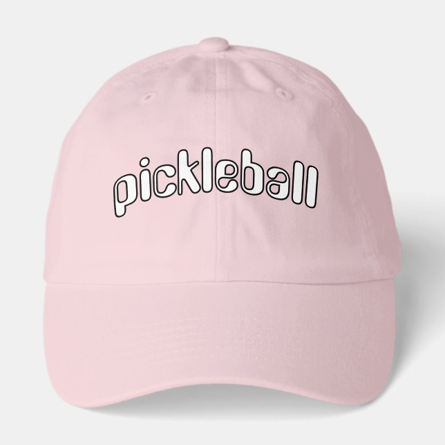 Fun White Outlined PICKLEBALL Text On Light Pink Hat (Front)