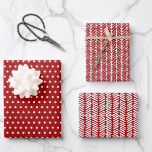 Fun White Polka Dots Chevron Stripes On Dark Red Wrapping Paper Sheets