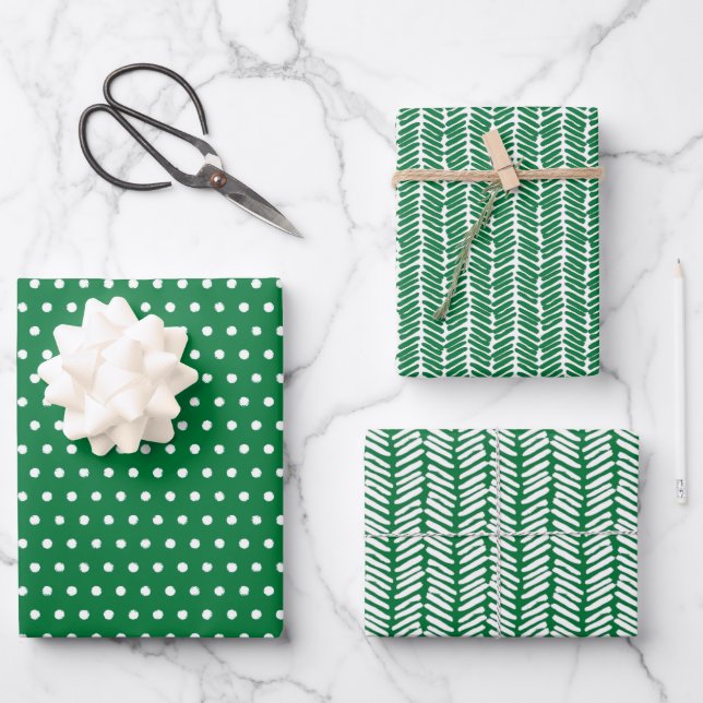Fun White Polka Dots Chevron Stripes On Green Wrapping Paper Sheets (Front)