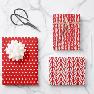 Fun White Polka Dots Chevron Stripes On Red Wrapping Paper Sheets