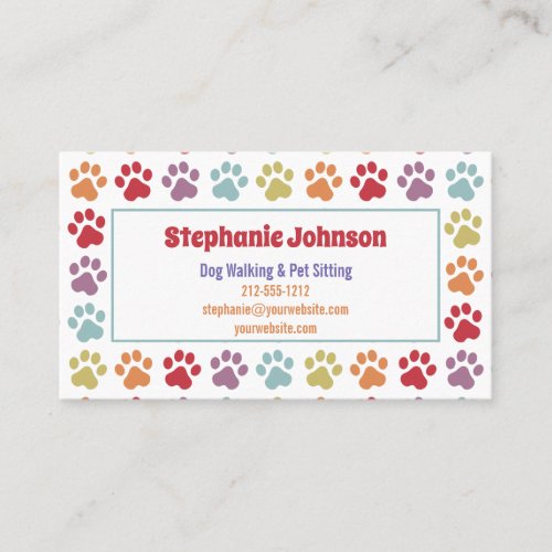 Fun White Rainbow Colored Paw Prints Dog Walking Business Card