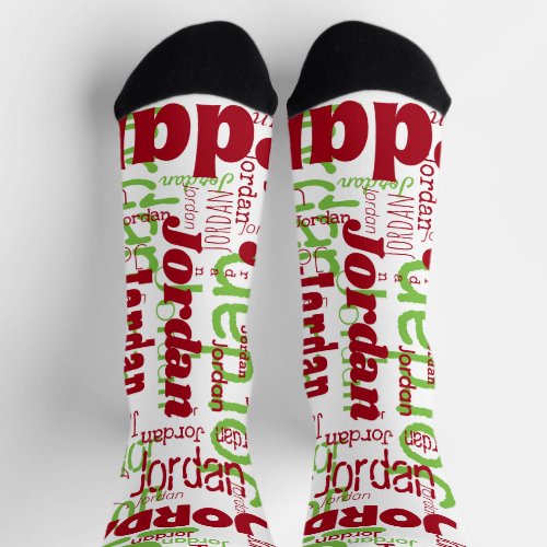 Fun White Red Green Custom Name Pattern Christmas Socks