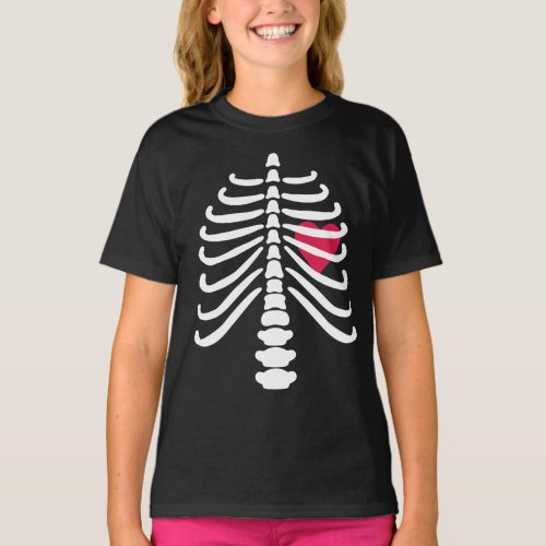 Fun White Skeleton Rib Bones  Heart Halloween T_Shirt