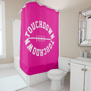 Fun White Sporty Football TOUCHDOWN On Bright Pink Shower Curtain