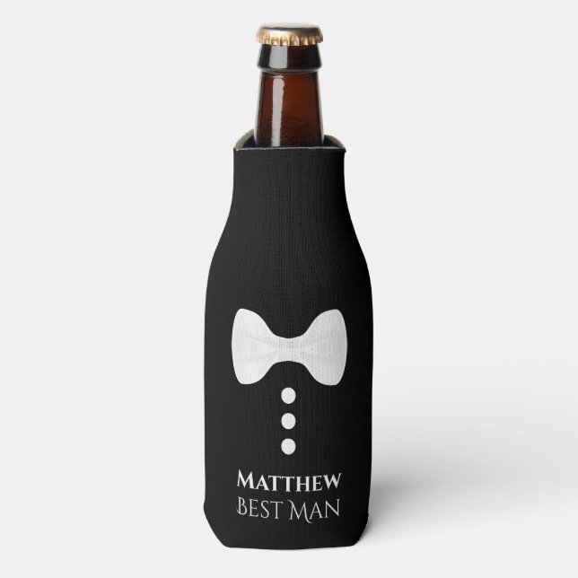 Fun White Tie Best Man Wedding Foam Bottle Cooler (Bottle Front)