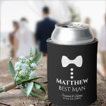Fun White Tie Best Man Wedding Foam Can Cooler<br><div class="desc">These fun foam can coolers are designed as gifts or favors for the best man. They feature a fun design of a white tie with three buttons on a black background, conjuring the idea of a tuxedo. The text reads "Best Man" and has a space for his name as well...</div>
