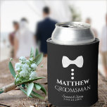 Fun White Tie Groomsman Wedding Foam Can Cooler<br><div class="desc">These fun foam can coolers are designed as gifts or favors for your groomsmen. They feature a fun design of a white tie with three buttons on a black background, conjuring the idea of a tuxedo. The text reads "Groomsman" and has a space for his name as well as the...</div>