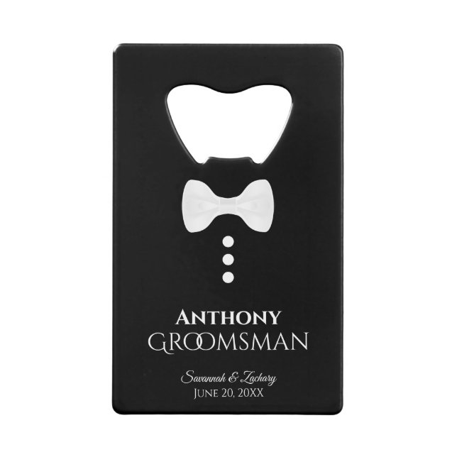 Fun White Tie Tuxedo Groomsman Wedding Credit Card Bottle Opener (Front)