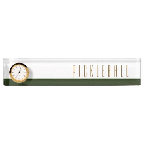 Fun White Top Forest Green Bottom PICKLEBALL Clock Desk Name Plate