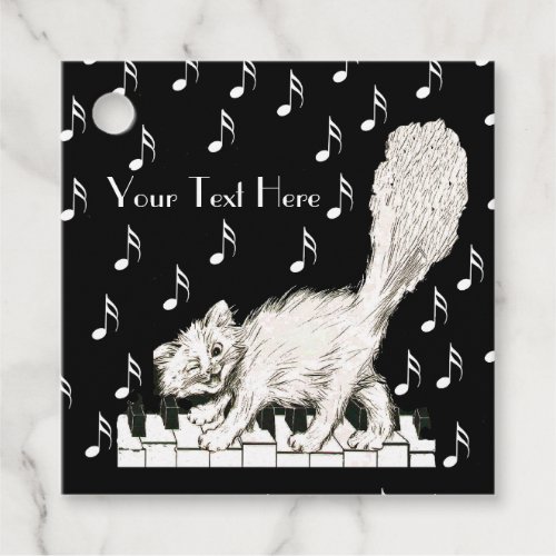 Fun White Winking Cat Fluffy Tail on Piano Keys Favor Tags