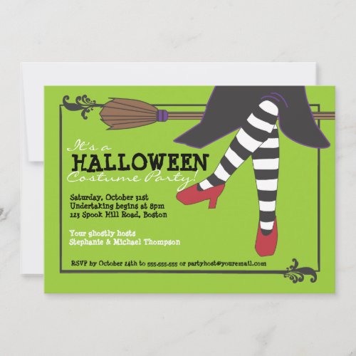 Fun Wicked Witch on Broom Halloween Costume Party Invitation