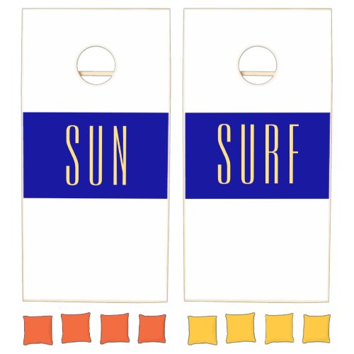 Fun Wide Royal Blue Stripes On White Sun Surf Text Cornhole Set