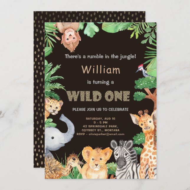 Fun Wild One Jungle Boy First Birthday Invitation (Front/Back)