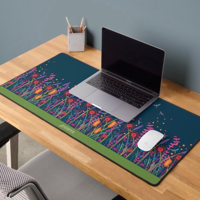Fun Wildflowers and Dragonflies Boho Custom Name Desk Mat (Creator Uploaded)